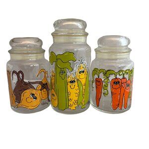 Anchor Hocking Hildi Vintage Vegetable Jars w/ Lids Corn Carrots Onions Collect